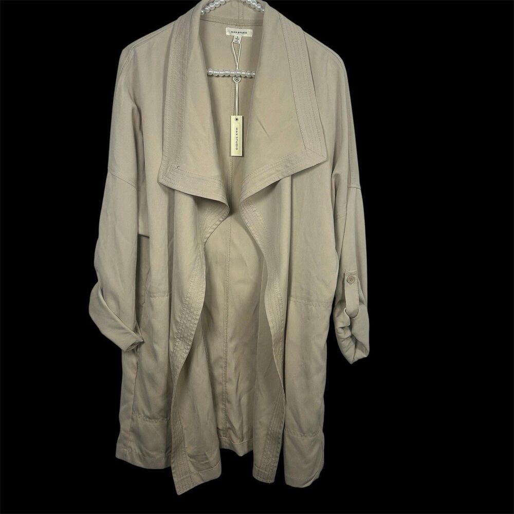 Max Studio Women's Large Tan Open Front Drape Trench Jacket Classic Capsule